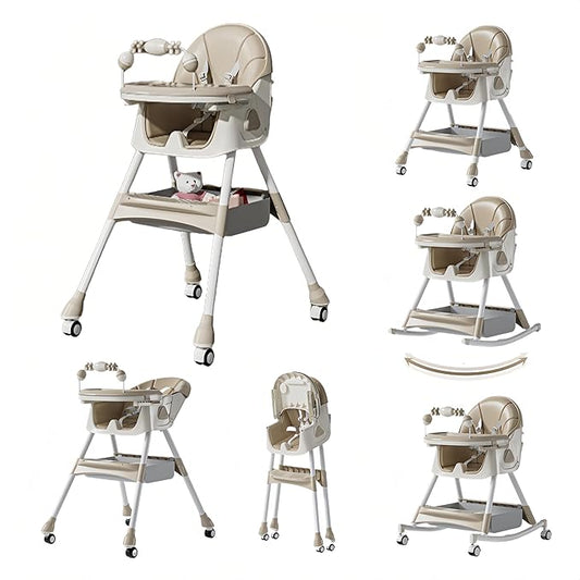 Nine point nine PU Leather High Chairs with Rocking Mode, High Chair for Babies and Toddlers, Adjustable and Easy to Fold Highchair, Highchairs with Double Tray (Khaki)