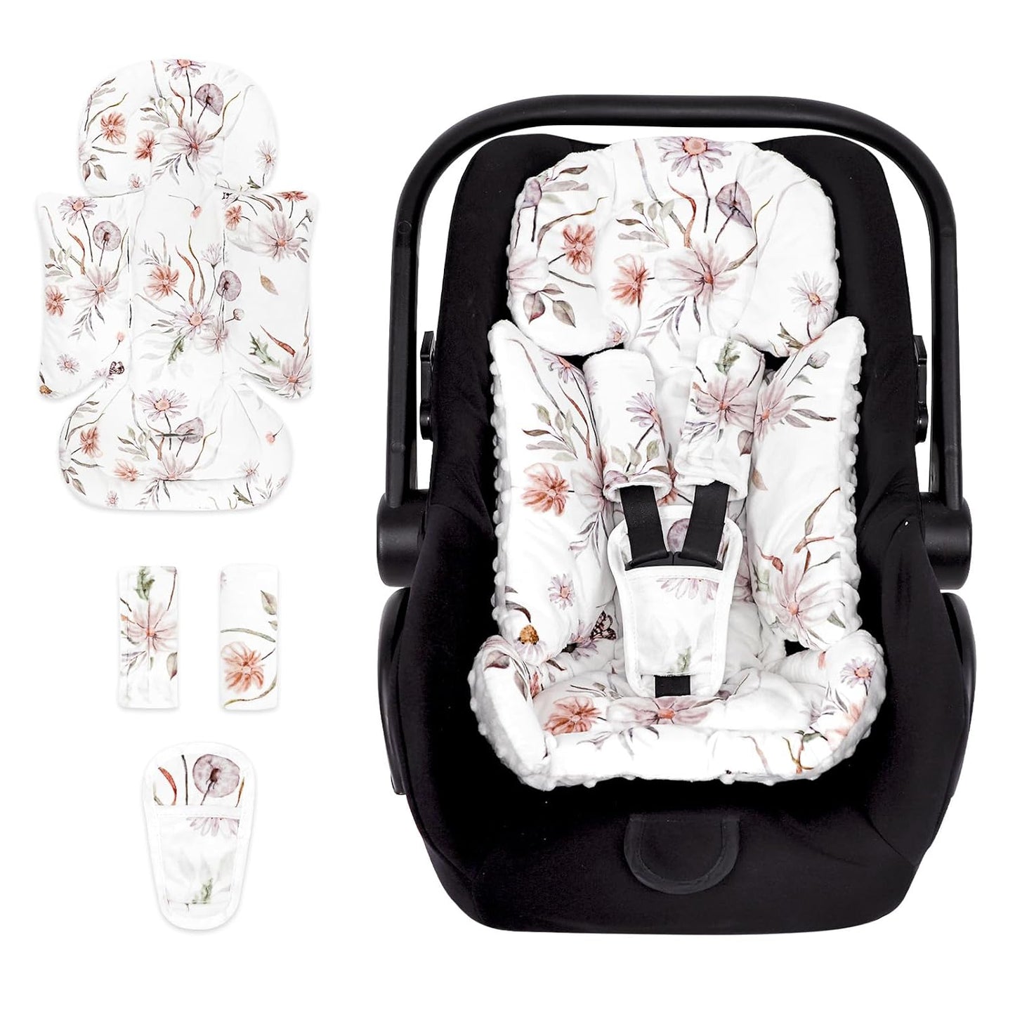 Infant Car Seat Insert and Strap Covers, Very Soft Car Seat Head Support Baby Girl Boy, Reversible Newborn Carseat Insert Cushion Fits for Stroller, Baby Swing, Bouncer (White Flower)