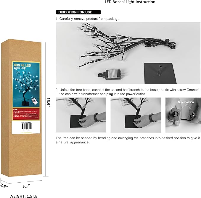 LIGHTSHARE 18 Inch Cherry Blossom Bonsai Tree, 48 LED Lights, RGB with Remote Control, 16 Color-Changing Modes, 24V UL Listed Adapter Included, Metal Base Ideal As Night Lights