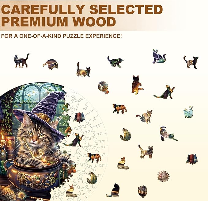 KAAYEE Wooden Puzzles for Adults, 3D Visual Effect Magic Feline Cat Wooden Jigsaw Puzzle Unique Shape Wood Puzzle Adult, 3D Effect Flat Puzzle Birthday Family Game (M-11.4 * 11.4 in-200pcs)