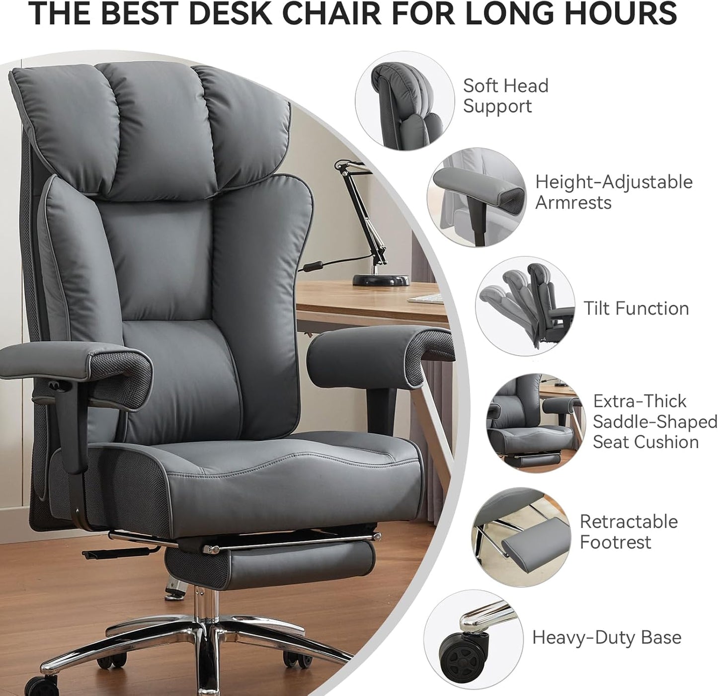 Efomao Big and Tall Office Chair 450LBS with Foot Rest, High Back PU Leather Executive Chair with Adjustable Padded Armrests, Lumbar Support for Home or Work, Heavy Duty Computer Chair, Grey