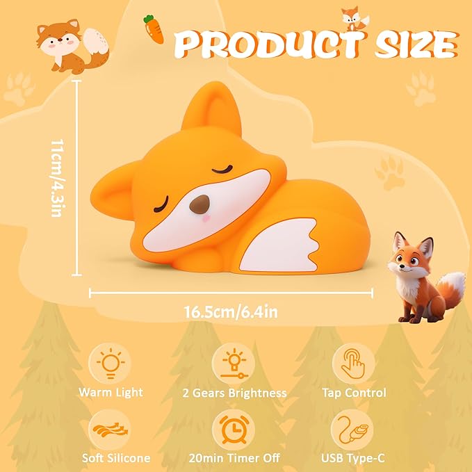 Lampeez Fox Night Light, Cute Fox Gifts, Soft Silicone Lamp Nursery Nightlight LED Touch Light, Bedroom Decor as Xmas Birthday Gift for Boys Girls