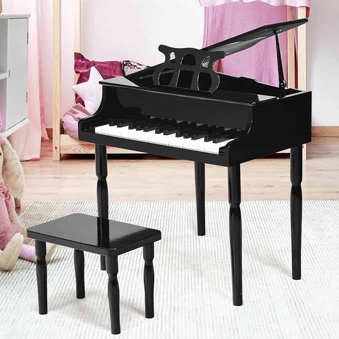 Goplus 30-Key Classical Kids Piano, Mini Grand Piano Wooden Learn-to-Play Musical Instrument Toy with Bench, Piano Lid, Music Rack, Gift for Boys Girls Aged 2+ Baby Toddler (4 Straight Leg-Black)