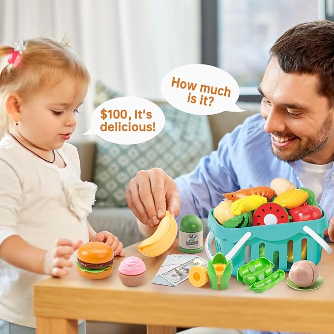 130Pcs Kitchen Playset, Toddler Pretend Cooking Play Pots, Pans, Utensils Cookware, Daily Food Fruit Veges, Shopping Storage Basket, Dessert, Prop Money, Learning Gift for Child (Pink)