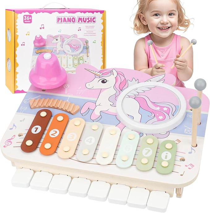 Kids Piano Musical Toys - 5 in 1 Wooden Music Instruments Montessori Toys for Baby Toddler, Sensory Toys with Drum Xylophone, Preschool Educational Toys, Birthday Gifts for Girls Boys Pink