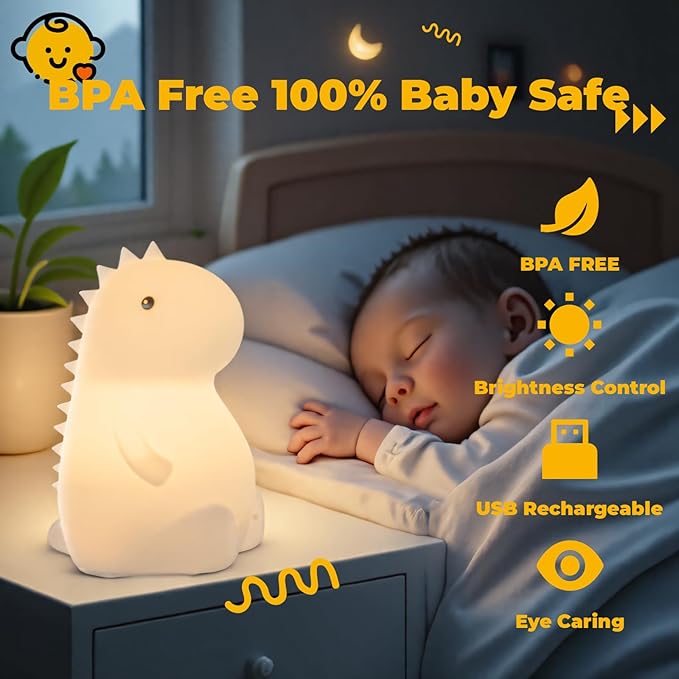 LED Squishy Animal Night Light - 2 Level Dimmable Nursery Lamp for Kids, Rechargeable Touch Lamp, Cute Dorm Decor - Perfect Baby Boys Girls Gift (Little Dinosaur)
