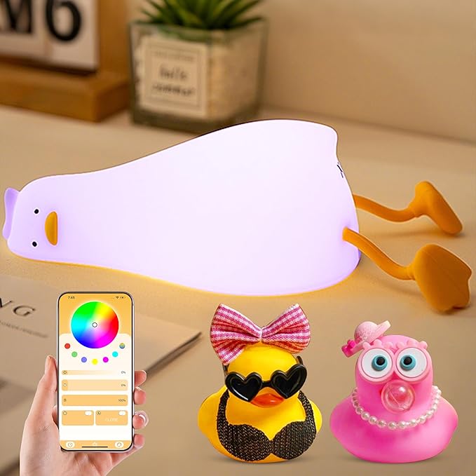 Cute Duck Night Light with Color Changing, APP/Tap Control Fun Lying Flat Ducky Lamp with Blind Box Gift,Soft Silicone Nursery Nightlight,Dimmable/Timing Bedside Touch Lamp,Baby Adults Kids Room Decor
