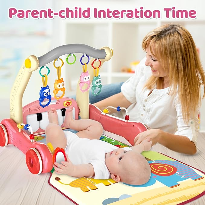 2 in 1 Baby Gym Play Mat with Walker, Kick and Play Piano Gym Activity for Boys Girls, Musical Activity Center Tummy Time Mat for 0-3-6-12-18 Months, Learning Walker Play Gym for Infant Girl Gift(RED)