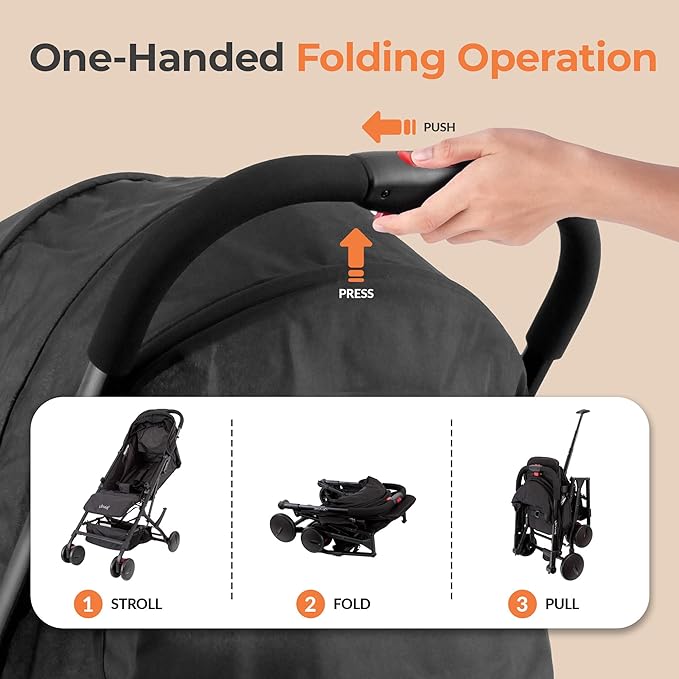 Jovial Lightweight Travel Baby Stroller - One-Hand Folding Compact Stroller with Multi-Position Reclining System - Retractable Sun Canopy, Extra-Large Storage Basket - Includes Airplane Storage Bag
