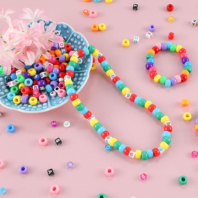 1720+pcs Pony Beads Kit 1830pcs 6 Style Letter Alphabet Beads Rainbow Plastic Pony Bead Bulk Multicolor Kandi Bead Elastic String DIY Crafts Jewelry Making Kit for Bracelets Necklaces