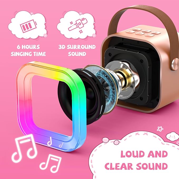 【2025 Newest】 Mini Karaoke Machine for Kids Girls & Boys - Portable Bluetooth Speaker with 2 Wireless Microphones - Kids Birthday Gifts for Ages 4-10 - Kids' Instrument Accessories - Rose Gold
