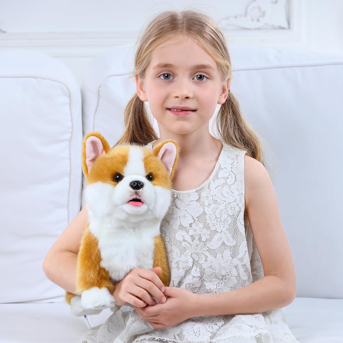 Interactive Plush Corgi Dog, Companion Robot Dog Pets,Handmade Weighted Stuffed Animals,Electronic Walking Toy with Barking,Tail Wagging,Talking,
