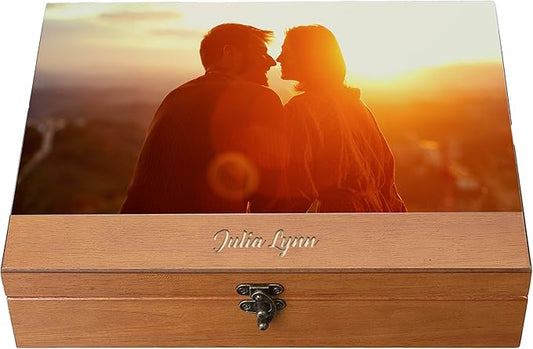 WE Games Wooden Memory Box for Keepsakes – Vintage Decorative Storage Box with Lid - Light Cherry Finish with Image Color Print