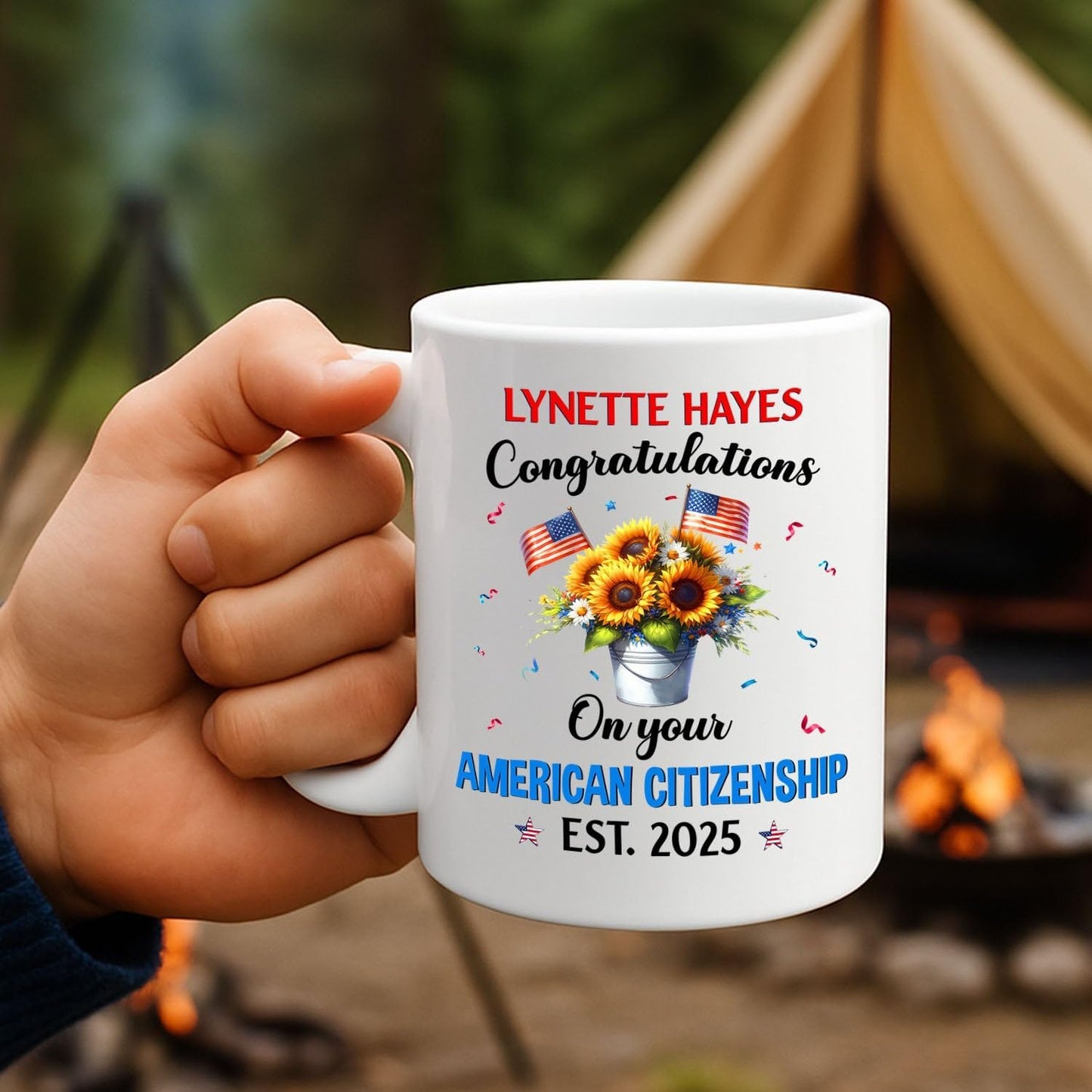 Congratulations On Your American Citizenship Coffee Mug, Custom Year/Name Sunflower & USA Flag Cup Gift For New US Citizen, Citizenship Celebration Coffee Cup 11 15Oz, Personalized US Citizen Mug