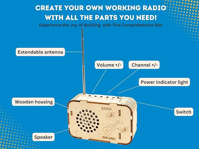 Wooden FM Radio Kit FM 88-108MHz - Science Experiment and Educational Project STEM Kit