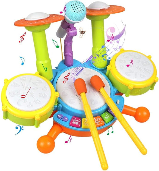 POKONBOY Kids Drum Set for Toddler 1-3, Musical Instruments Learning Toys with 2 Drum Sticks Adjustable Microphone Birthday for Boys Girls 6 12 18 Month (Yellow)