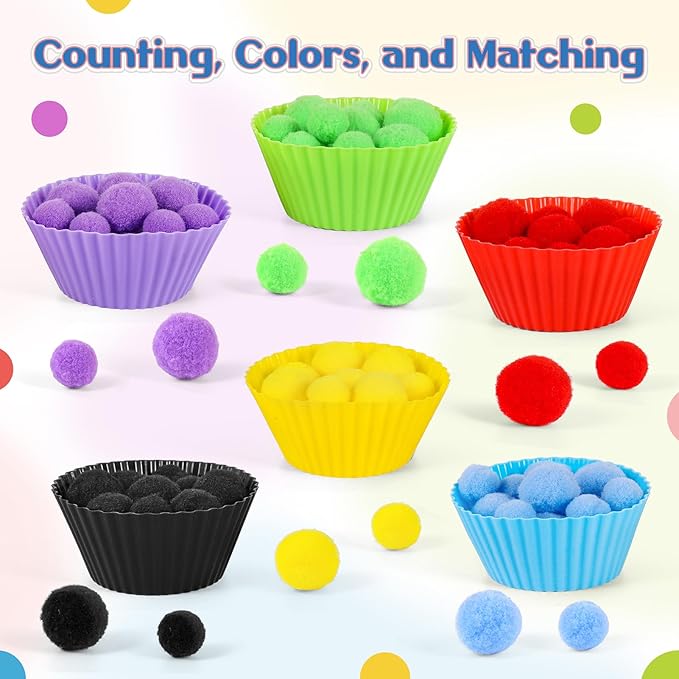 158 PCS Fine Motor Skills Set - 150 Pom Poms, 6 Sorting Bowls, Tweezers, Spoon, Sensory Bin Filler for Preschool Kids Counting, Sorting, Matching Training Activity