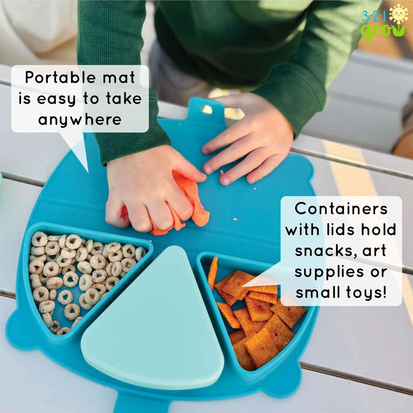 Silicone On-The-Go Snack Mat – Foldable Reusable Placemat with 3 Compartments and Lids – Travel-Friendly Baby and Toddler Snack Plate – Dishwasher Safe (Ocean)