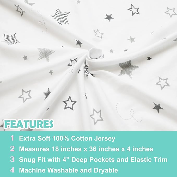 American Baby Company 100% Natural Cotton Fitted Cradle/Bassinet Sheet 36" x 18" - Soft, Breathable & Hypoallergenic Bed Sheet, Super Stars, Neutral for Boys & Girls (Pack of 2)