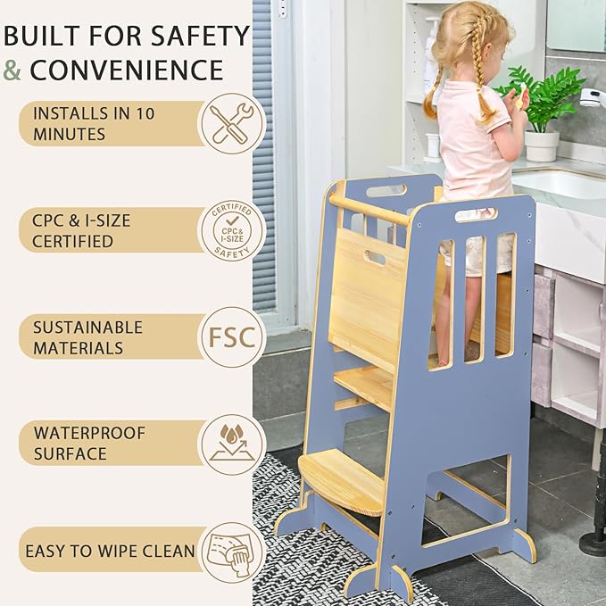 WINGYZ Toddler Kitchen Stool – Adjustable Helper Tower for Kids with Safety Rail, Wooden Standing Step-Up Stool, Sliding Door & Stable Base, Light Blue