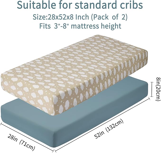 Baby Crib Sheets for Boys Girls, 2 Pack Fitted Crib Sheet for Standard Crib and Toddler Mattress, Soft Microfiber Baby Sheet 52x28x8in. (Clouds & Dark Green)