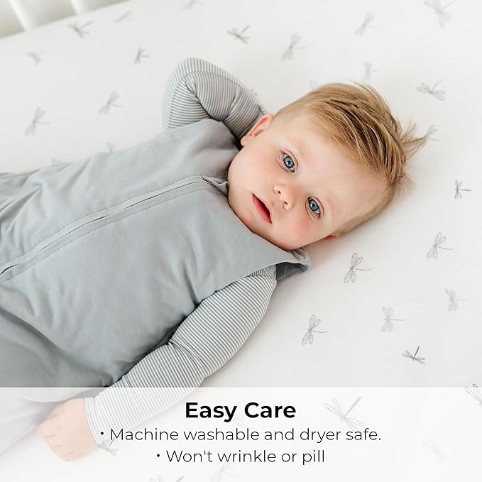 Ely's & Co. Pack and Play Sheets, for Mini/Portable Crib, 2 Pack Fitted Playpen Play Yard Sheet Set Compatible with Graco Pack n Play, for Baby Boys, 100% Cotton, 38”x24”x5” Blue Dragonfly + Stripes