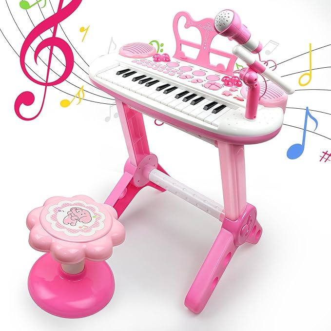 31-Key Rose Pink Kids Piano Toy Keyboard with Bench - Portable Electronic Multi-Functional Music Instrument with Microphone, Ideal Christmas & Birthday Gift for Girls & Kids Aged 3-5 Years Old