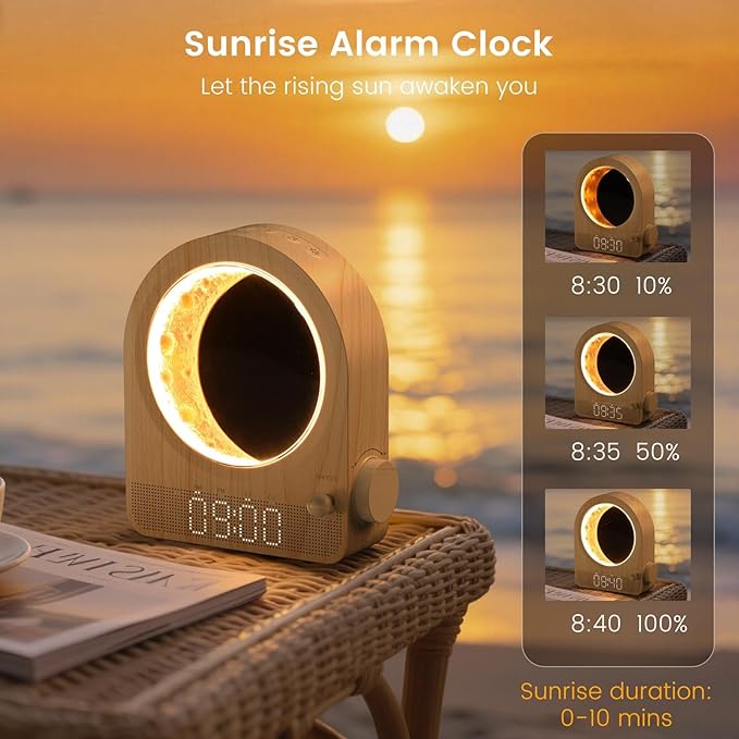 Sunrise Alarm Clock, White Noise Machine & Meteor Moonlight - 10 Soothing Sounds, Dual Alarms, 30/60/90min Timer, Easy Snooze - Bedroom Gift for Insomnia Adults/Women - Wood