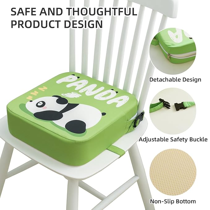 Toddler Booster Seat for Dining Table, Portable Kids Booster Seat with Safety Buckles Portable Increasing Booster Cushion with Non-Slip Bottom (Green Panda)