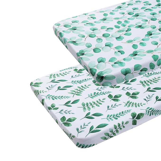 Onacosht Pack n Play Sheets 2 Pack for Baby Unisex, Stretchy Jersey Knitted Portable Mini Crib Sheets Playard Mattress Cover for Baby Boys and Girls, Watercolor Green Botanical Leaf