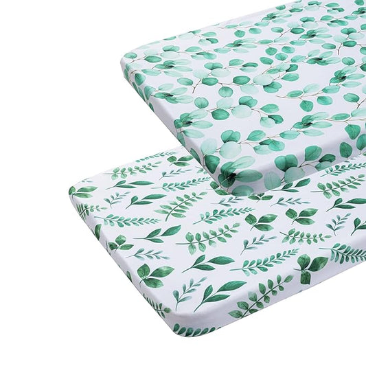 Onacosht Pack n Play Sheets 2 Pack for Baby Unisex, Stretchy Jersey Knitted Portable Mini Crib Sheets Playard Mattress Cover for Baby Boys and Girls, Watercolor Green Botanical Leaf