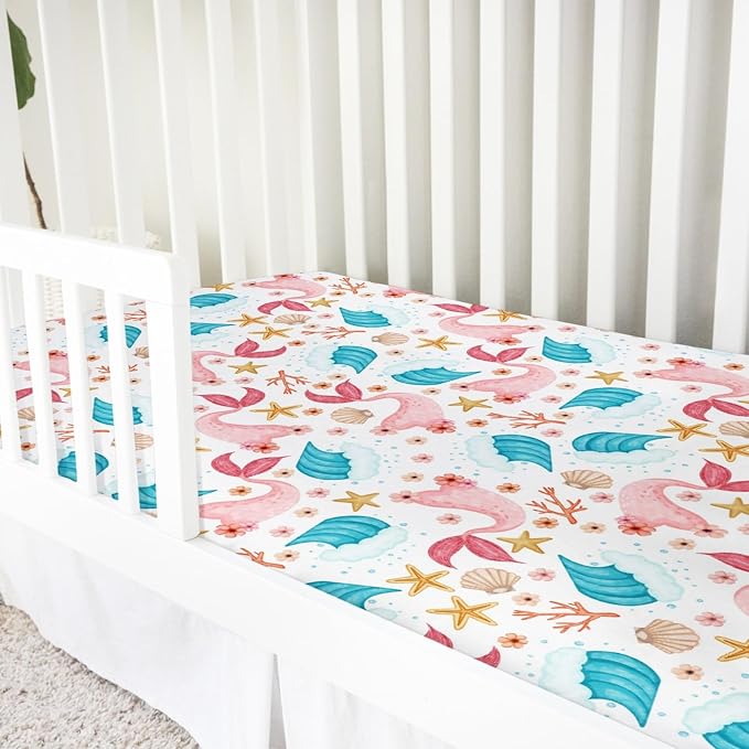 Colorful Nautical Life Baby Crib Sheets 52''x28'' Mermaids Starfish Conch Coral Wave Fitted Crib Mattress Cover for Boy Girl Sea Ocean Animal Nursery Bed Sheets for Standard Crib and Toddler Mattress