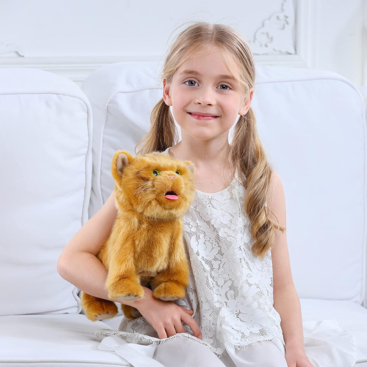 Electronic Walking Orange Cats, Realistic Interactive Puppy Pet Toy Cat, Walking, Barking,Wagging Tail & Talking,Present Pet Gifts for 3+ Year Boys Girls