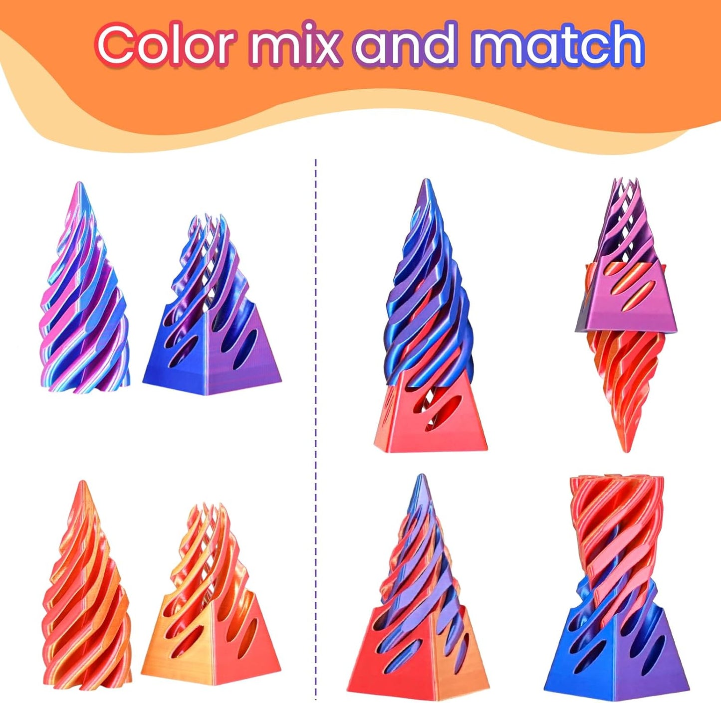 2 Packs Impossible Pyramid Passthrough Sculpture 3D Printed Spiral Cone Fidget Toy for Adults Kids, Infinity Spiral Tree, Christmas, Halloween, Thanksgiving, and White Elephant Gifts (Puple+Orange)