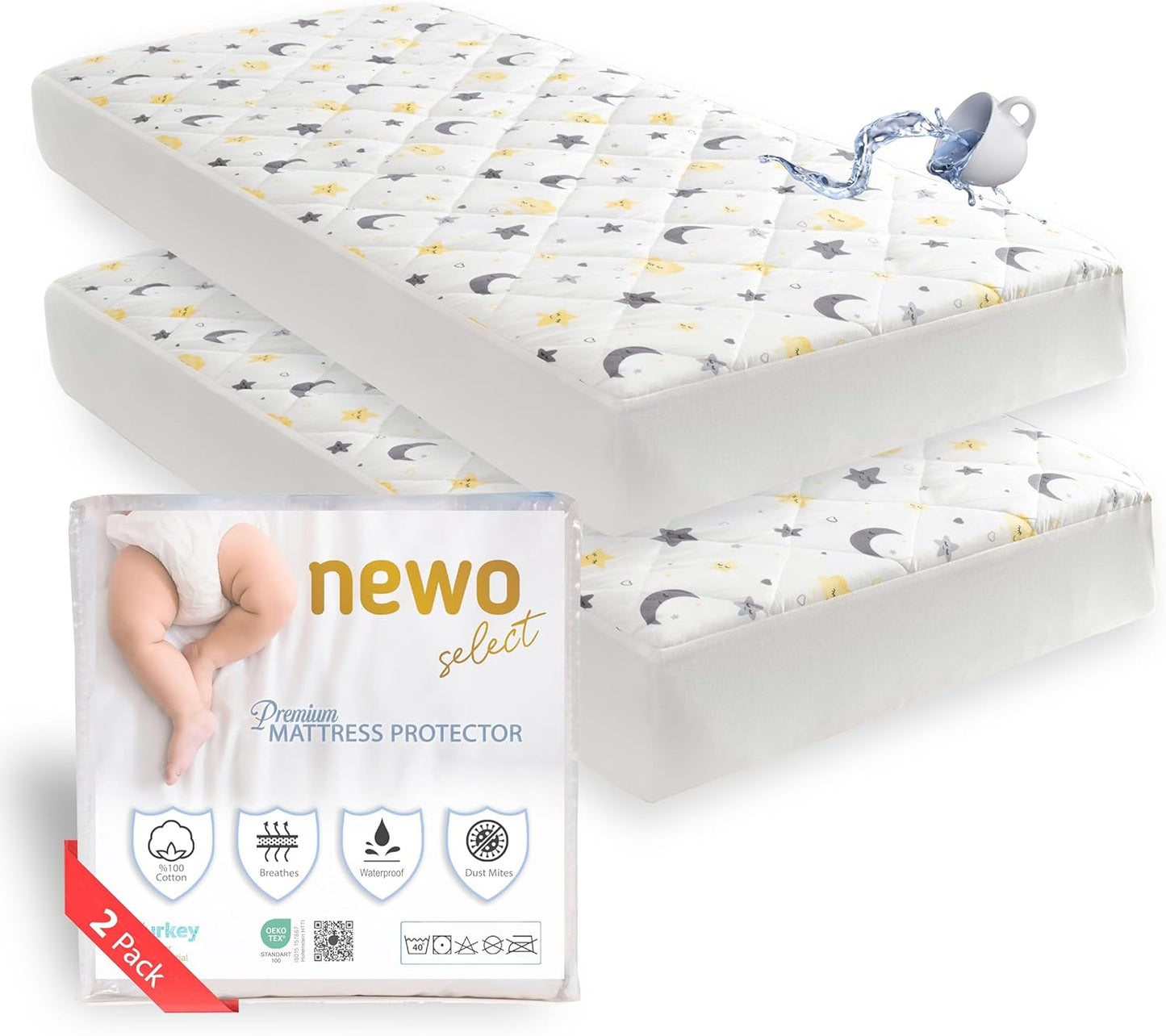 Waterproof Crib Mattress Protector Sheets,%100 Cotton Fabric, Absorbent Crib/Toddler Mattress Protector, Quilted, Certified, Noiseless Machine Wash, Moon&Star Pattern 52"x28" (Small Single, 1, Pack)