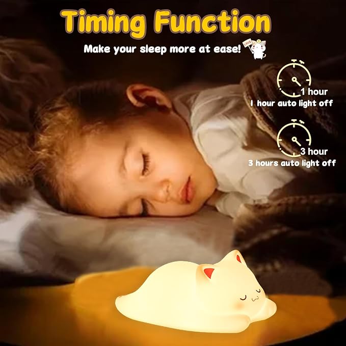 Tremdwoto Cat Night Light for Kids,Cute Colorful Night Light Baby Girl Squishy Night Lights Lamp 1/3 Hour Timer Kitty Light Dimmable Nursery Nightlight,Children's Room Decor，Gifts for Boys and Girls