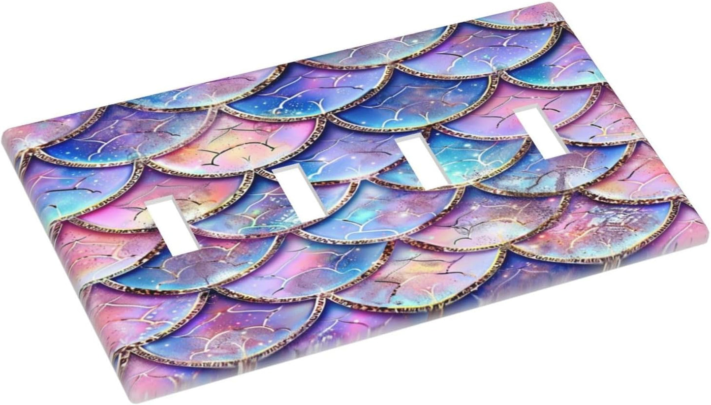 Decorative Switch Covers Plate Cute Pink Purple Mermaid Scales 4 Gang Artistic Wall Plate Unique Quad Toggle Light Switch Plate Jumbo Faceplate for Girlroom Bedroom Home Decor