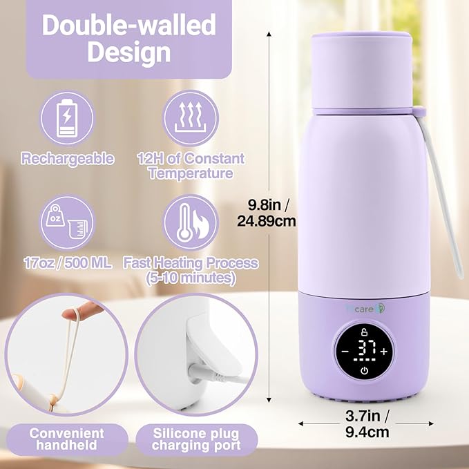 Portable Bottle Warmer for Travel - 17oz 12H Baby Bottle Milk Warmer, Fast Heat Travel Bottle Warmer for Breastmilk, USB Calentador De Biberones on The Go - Wireless Car Bottle Water Warmer Lavender