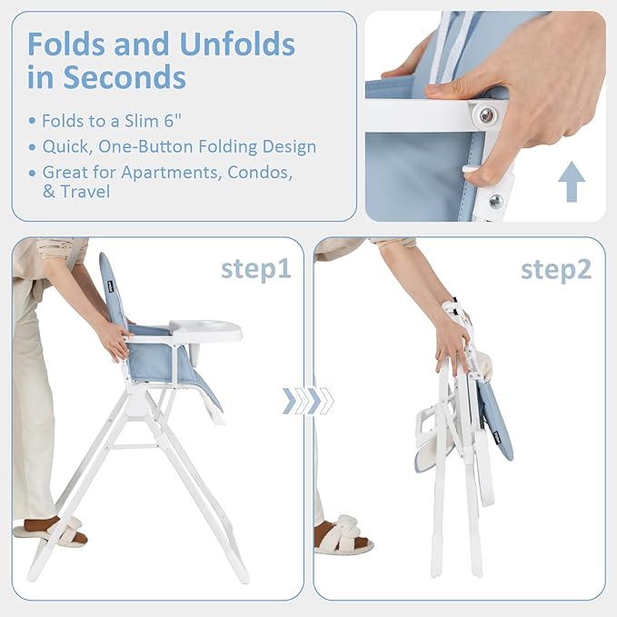 INFANS Baby High Chair, Quick Folding Portable Highchair for Babies and Toddlers with Adjustable Footrest Removable Dishwasher Tray PU Seat, Compact Highchairs for Baby Age 6-36 Months (Blue)