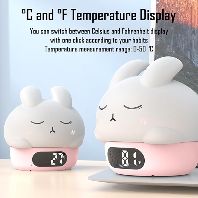 Cute Bunny RGB Rechargeable Night Light, Soft Silicone Lampshade, Adjustable Brightness LED Clock, Date, Alarm, Thermometer, Timer, Tap Control, Bedroom Lamp, Gift for Girl and Kid (Pink Bunny)