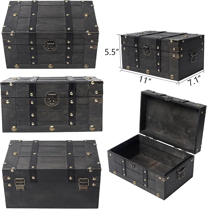Deluxe Wooden Treasure Chest - 11" x 7.1" x 5.5", Elegant Storage Box with Sturdy Hinged Lid, Vintage-Inspired Decorative Trunk for Keepsakes, Black