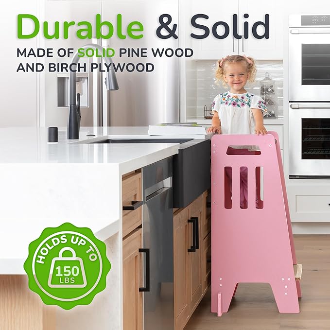 OCODILE Toddler Tower with a Sliding Door and 3 Adjustable Heights - Complete Toddler Kitchen Stool Helper with Support Feet - Safe Design for 18+ Months to 6-Year-Old Kids - Pink