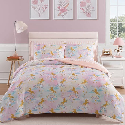 Full Size Comforter Sets with Sheets for Girls-7 Pieces Full Size Bedding Sets with Pink Comforter, Sheets, Pillowcases & Shams for Kids (Gold Unicorn, 76" X 86")