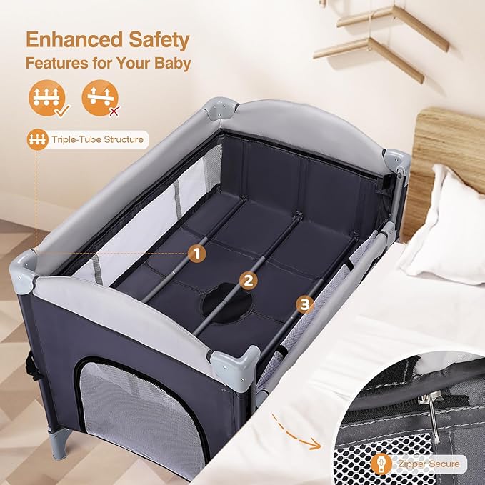 JOYMOR 4 in 1 Pack and Play, Baby Bedside Bassinet, Sturdy Play Yard with Padded Mat and Toy bar with Soft Toys