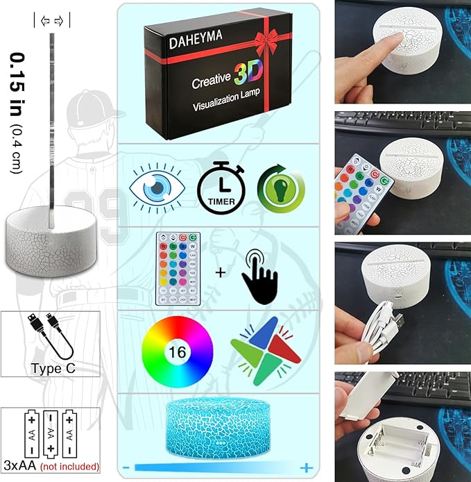 Baseball Gifts for Boys, 16 Colors Baseball Night Light - Remote Control, Timer Tpye-C Dimmable Lamp, LED 3D Light Illusion, Glow Room Decor