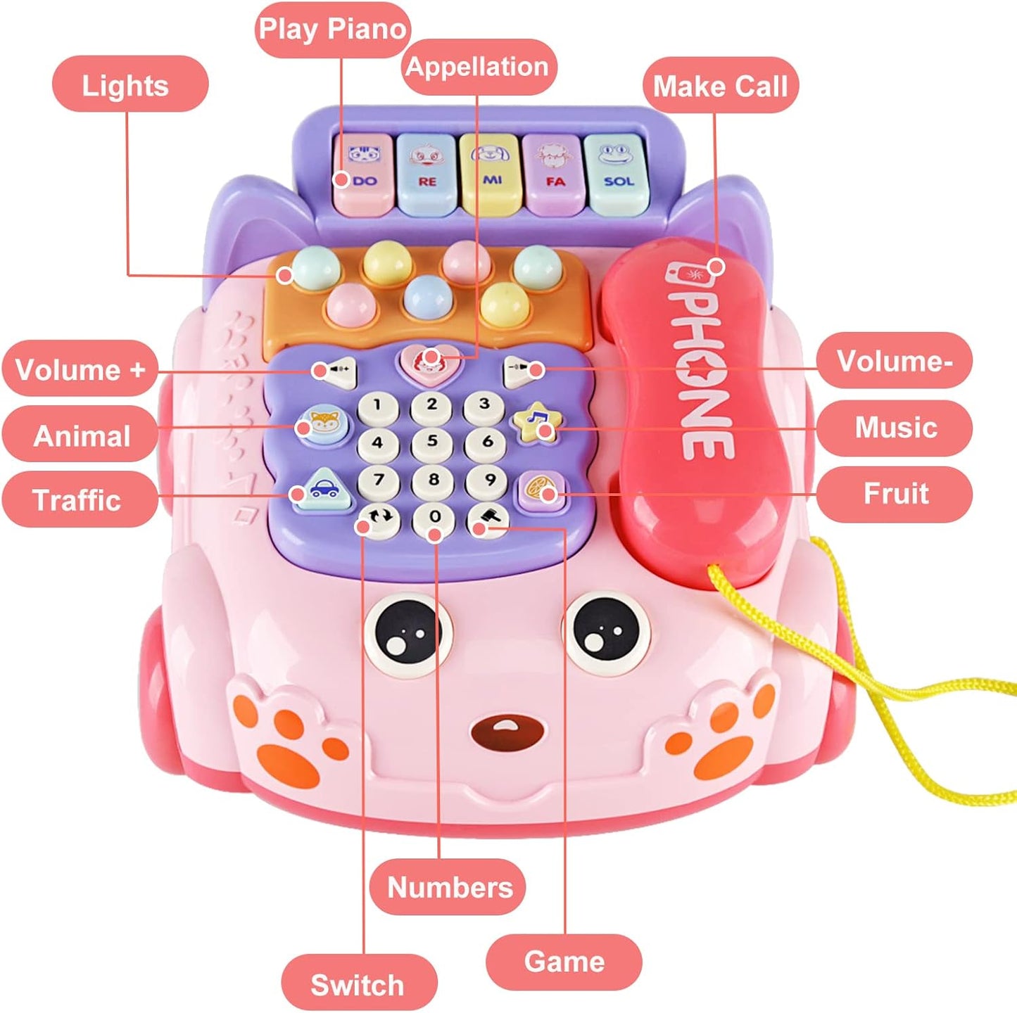 Baby Phone Toy,Baby Toy Phone Cartoon Baby Piano Music Light Toy Children Pretend Phone, Kids Cell Phone Girl with Light Parent-Child Interactive Toy Gift Game Boy Girl Early Education Gift Pink 18M+