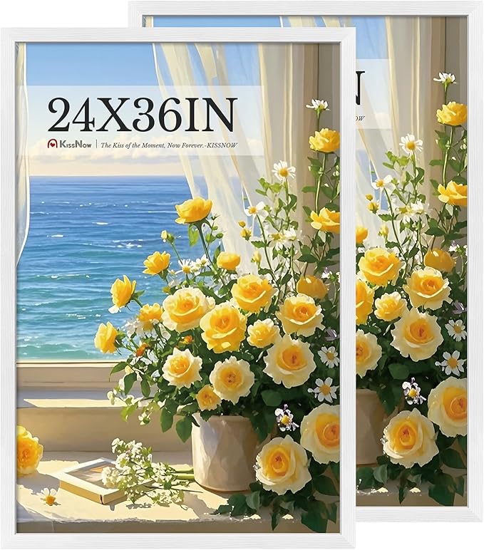 24x36 Poster Frame 2 Pack, Textured White Solid Wood Picture Frame, Wall Hanging