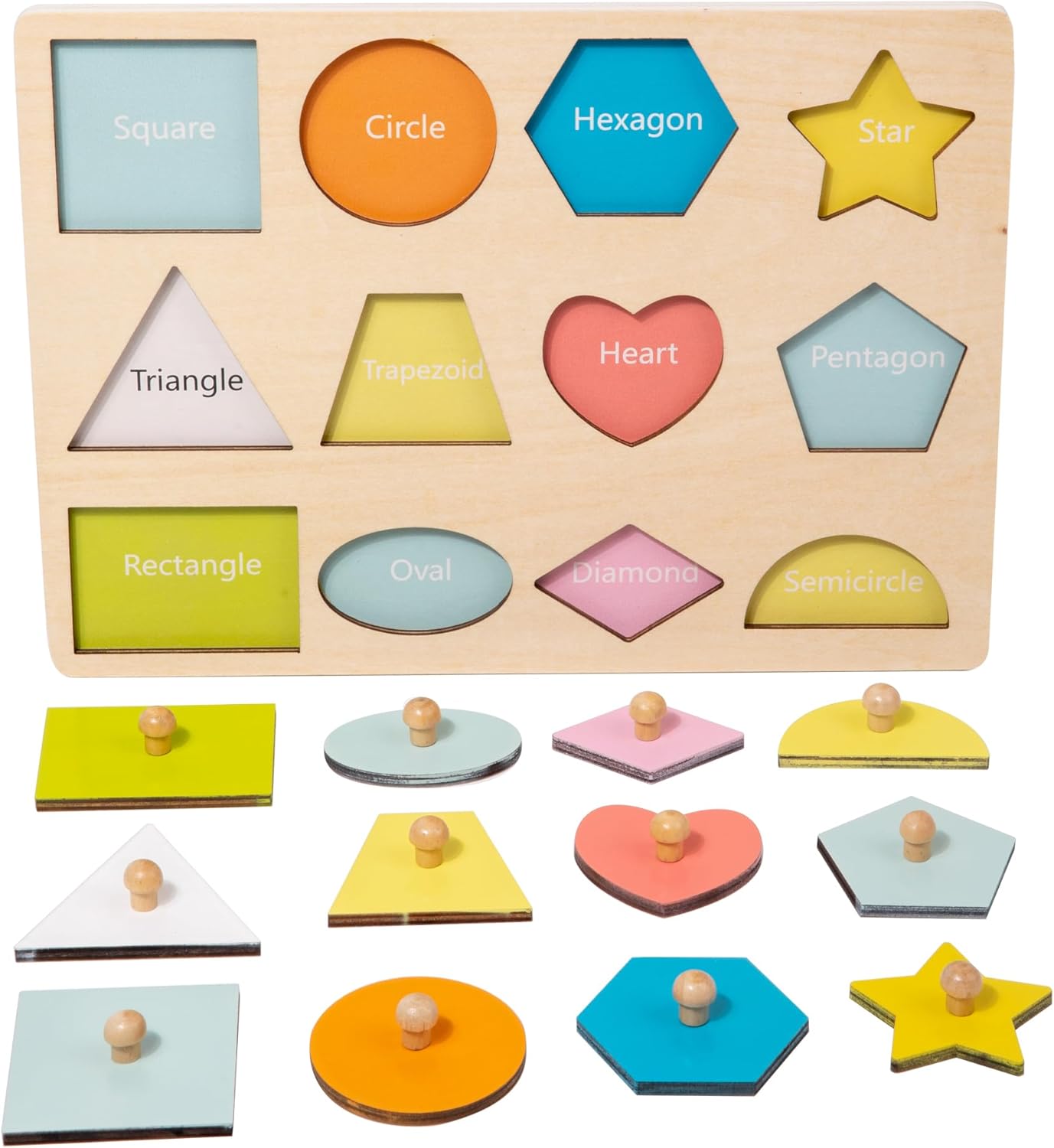 Adena Montessori Wooden Shape Peg 12 Piece of Colorful Shape Cognition Knob Puzzles Baby & Toddler Development Toy