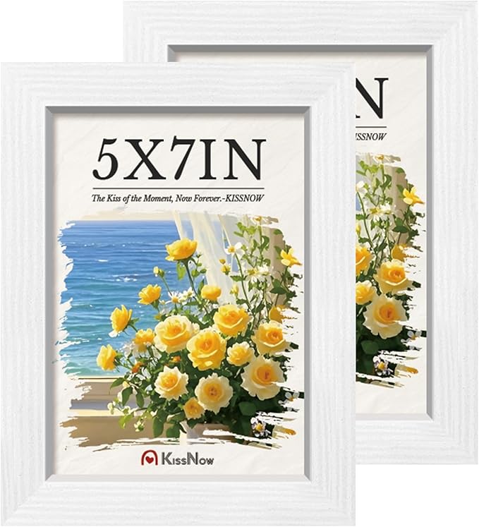 5x7 Picture Frame 2 Pack, White Solid Wood Gallery Photo Frame, Wall Hanging or Tabletop Display