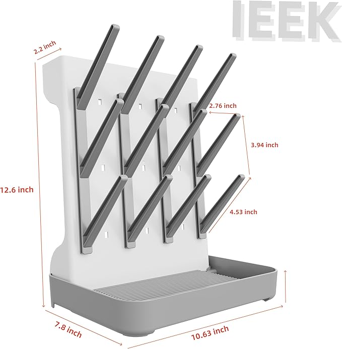 IEEK Baby Bottle Drying Rack,Large Vertical Drying Tower Bottle Rack Holder Space Saving Standing Drying Rack for Countertop-Holds 12 Baby Bottles and Cup,Etachable Travel Bottle Rack,Grey and White
